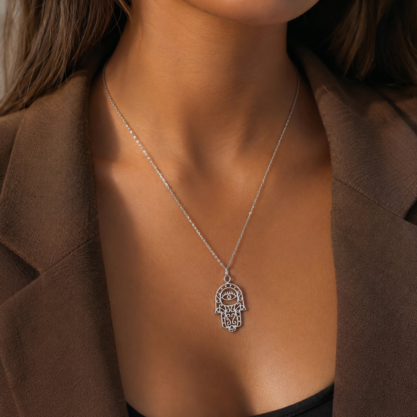 Hamsa Evil Eye Necklace in Sterling Silver