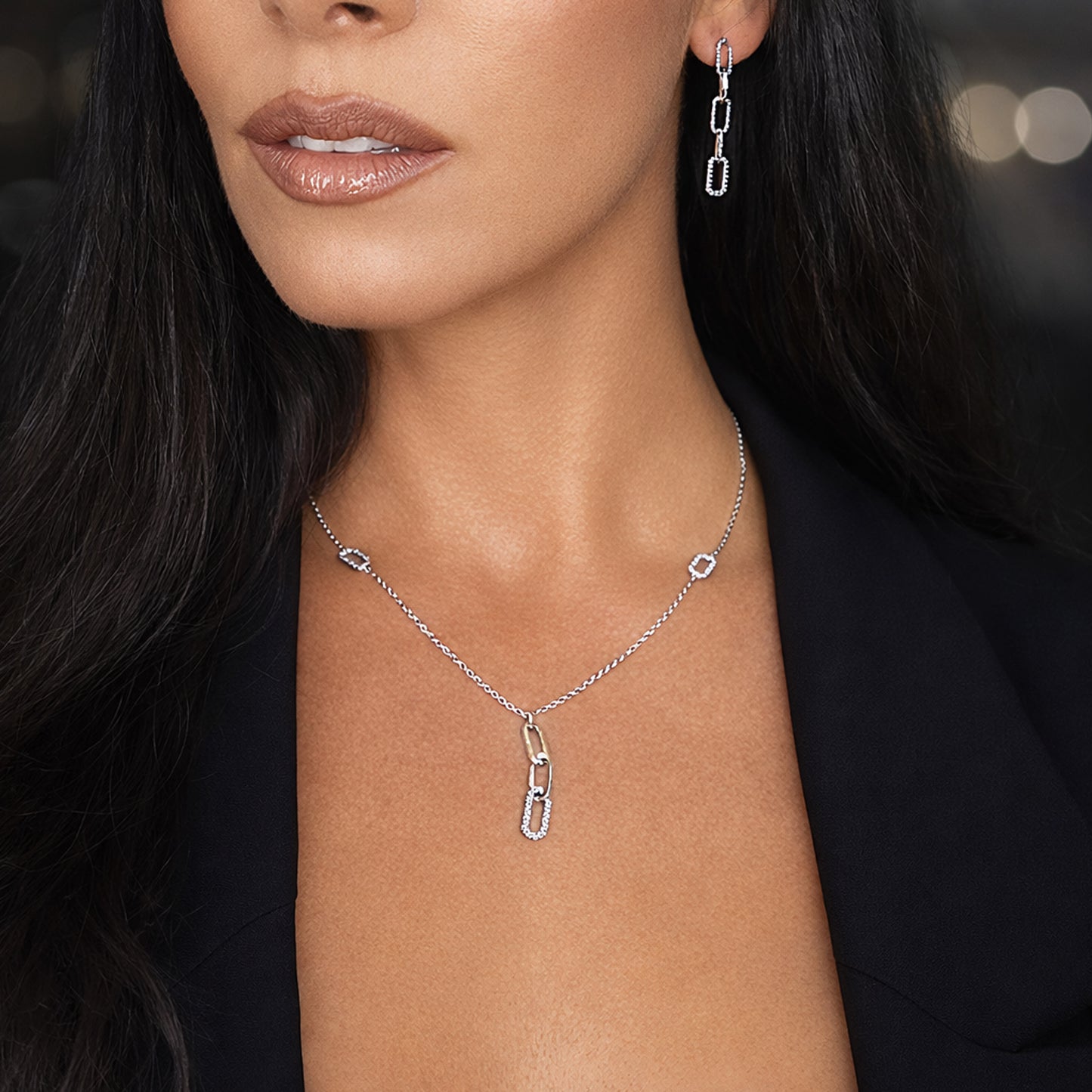 Trendy Jewelry Set of Mismatched Earrings & Y Shape Lariat Necklace with CZ Paperclip Drops in Premium Sterling Silver for Her