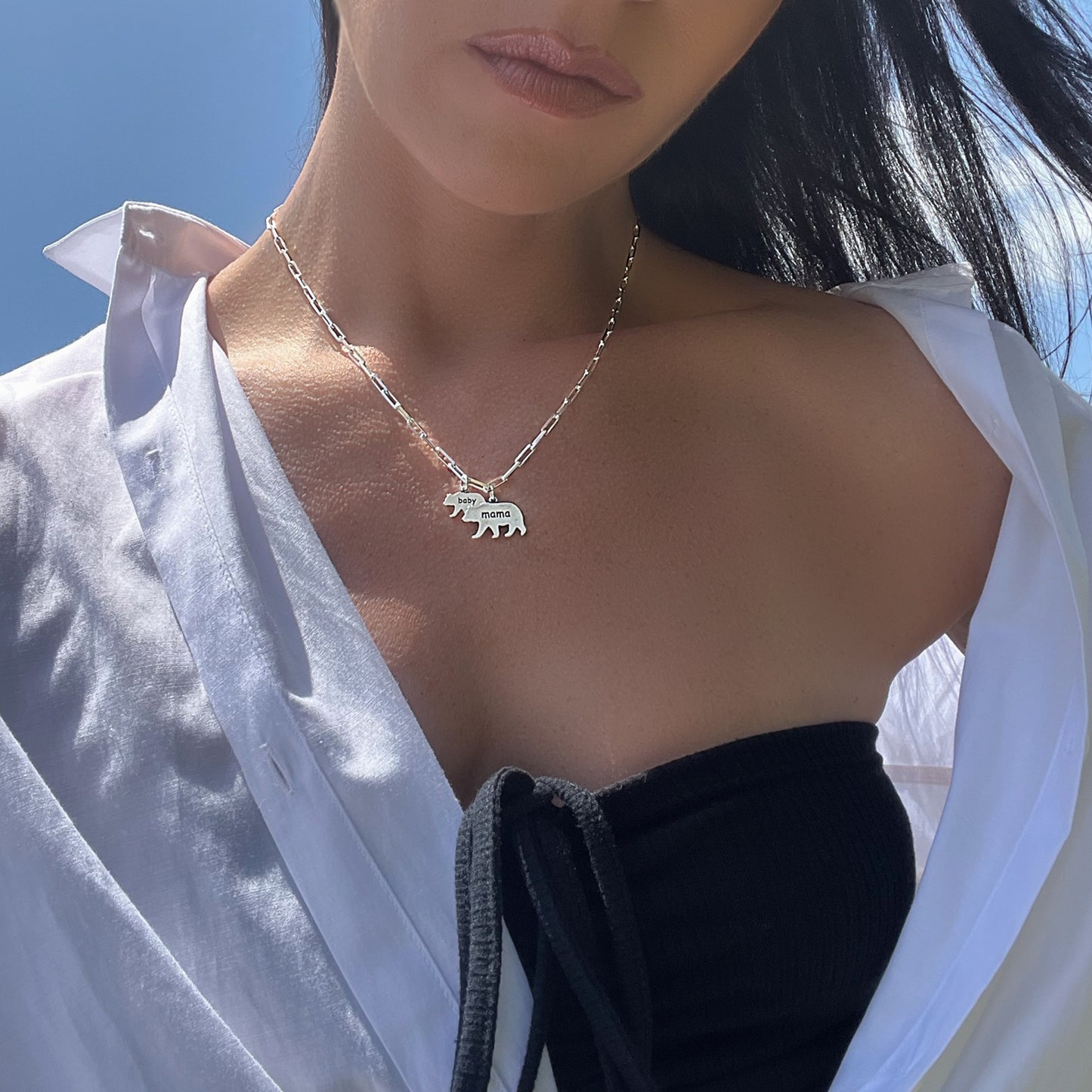 Mama and Baby Bear Engraved Charm Necklace on a Stylish Paperclip Chain