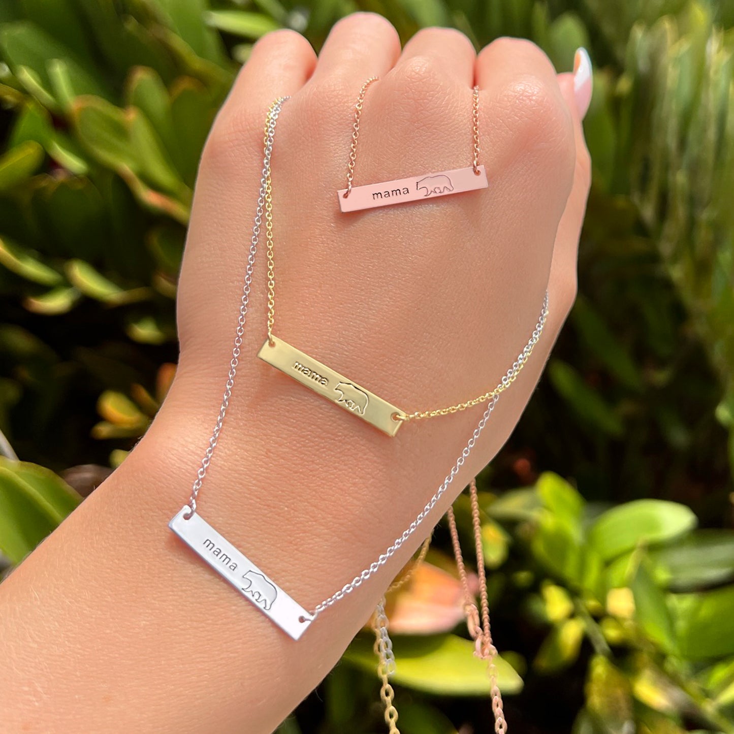 Mama Bear Engraved Horizontal Bar Necklace
