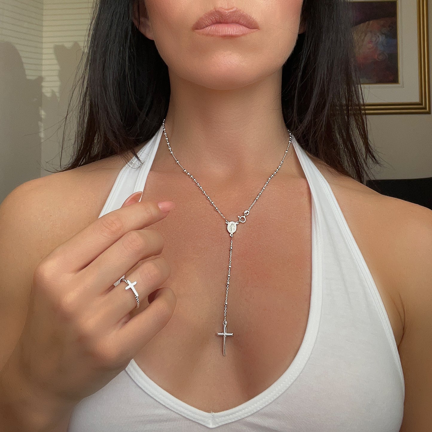 Rosary Lariat Necklace in Sterling Silver