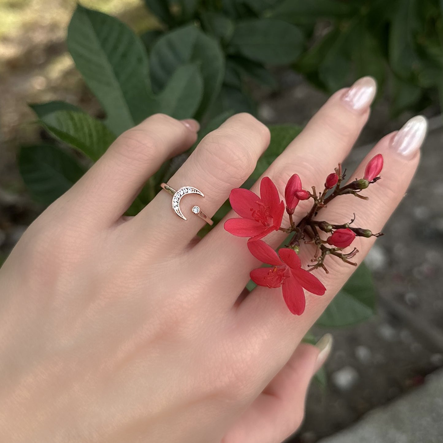 Crescent Moon and Star Open Ring in Premium Sterling Silver