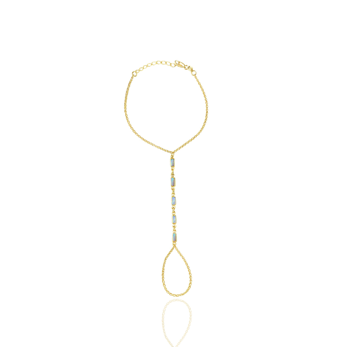 Luxury 18K gold filled mother of pearl hand chain bracelet with delicate rolo chain and adjustable slave bracelet design.