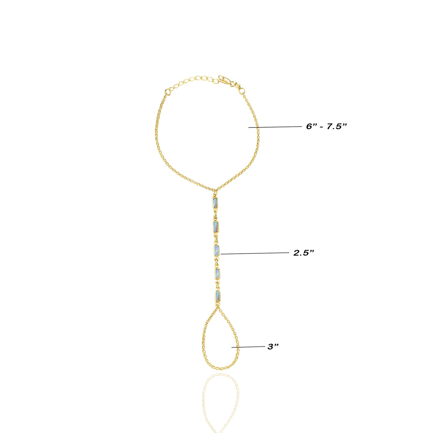 Mother of Pearl Hand Chain Sizing Guide • 18k Gold Filled Adjustable Bracelet • 6–7.5” Wrist + 2.5” Center Bar + 3” Finger Loop