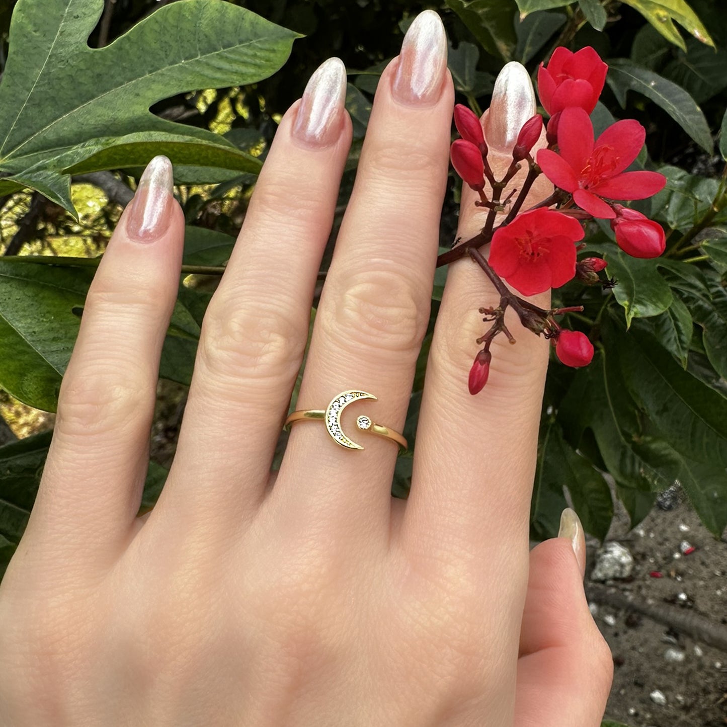 Crescent Moon and Star Open Ring in Premium Sterling Silver
