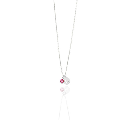 Solitaire Birthstone Necklace with Round Initial Charm in Sterling Silver