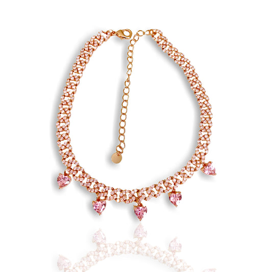 CZ Cuban Chain Choker with Dangle Pink CZ Heart Pendants