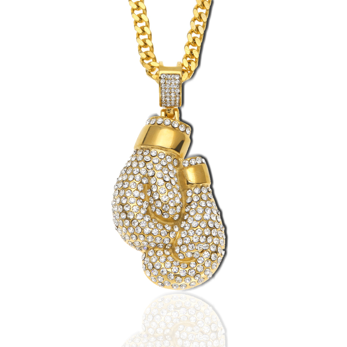 Close-up of gold-plated boxing gloves pendant encrusted with CZ crystals, hanging on a thick gold Cuban link chain