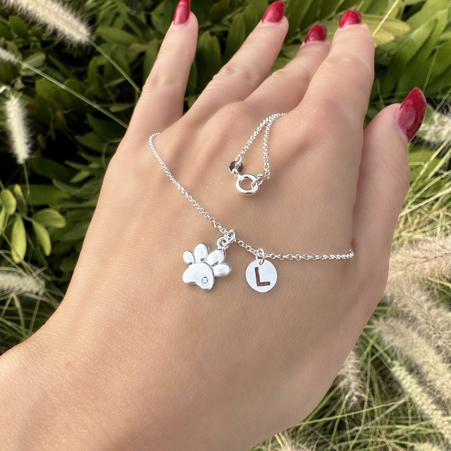 Sterling Silver Paw Print Necklace with Personalized Initial Disc
