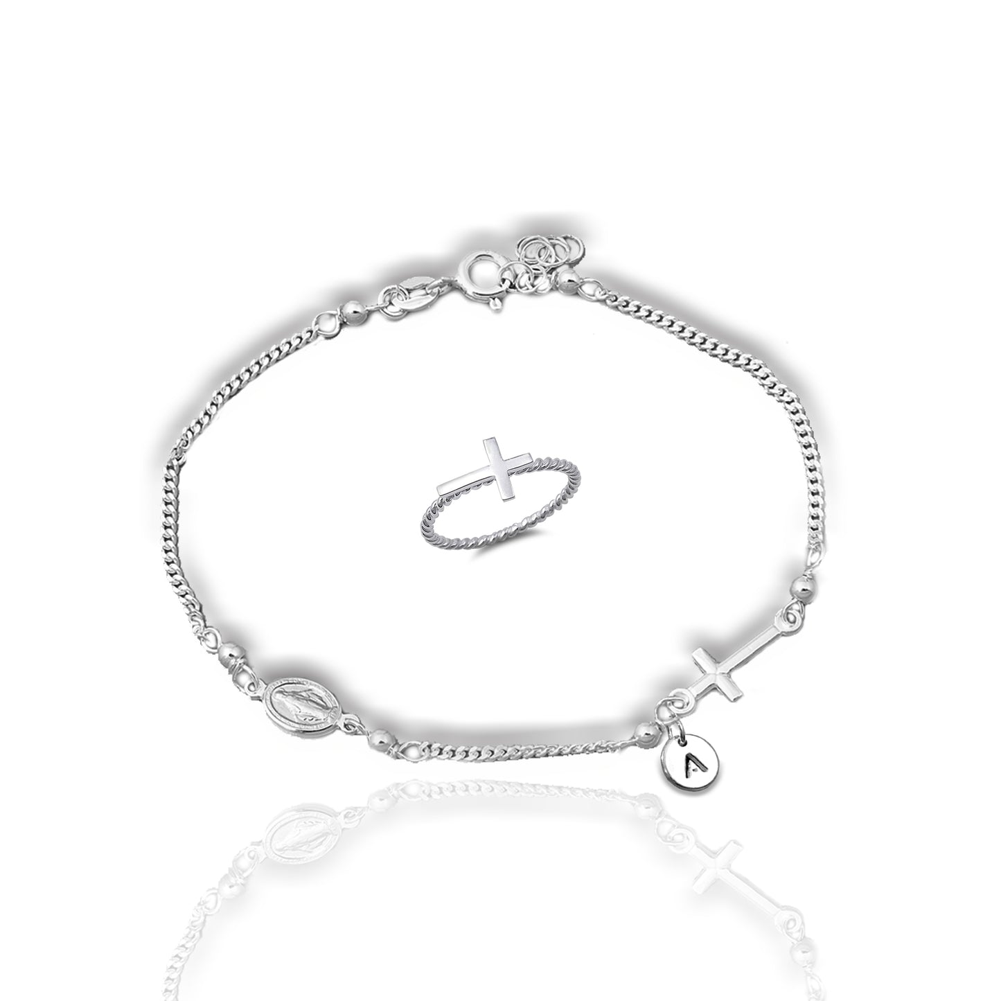 Virgin Mary Bracelet and Sideways Cross Ring Jewelry Set