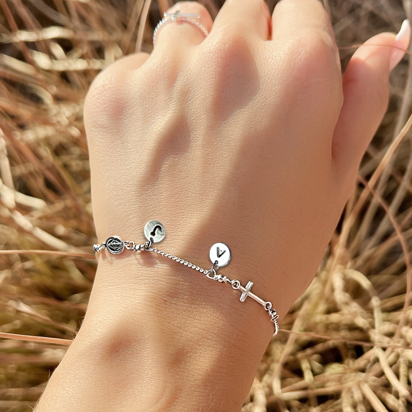 Virgin Mary Bracelet and Sideways Cross Ring Jewelry Set