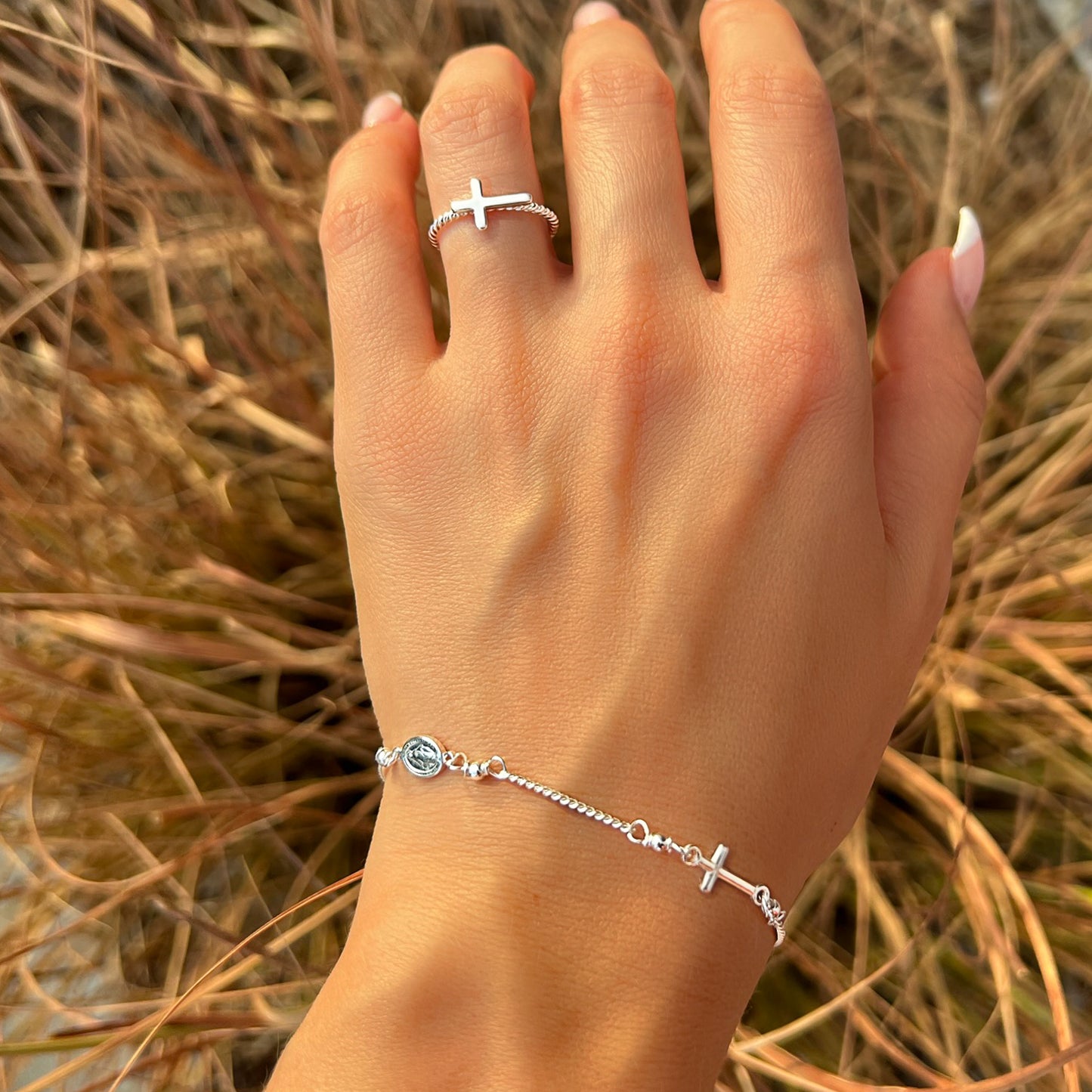 Virgin Mary Bracelet and Sideways Cross Ring Jewelry Set