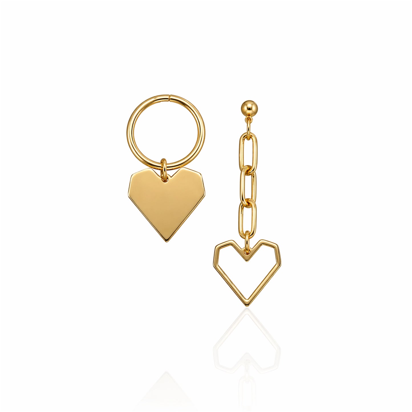 Gold heart-shaped earrings on a white background