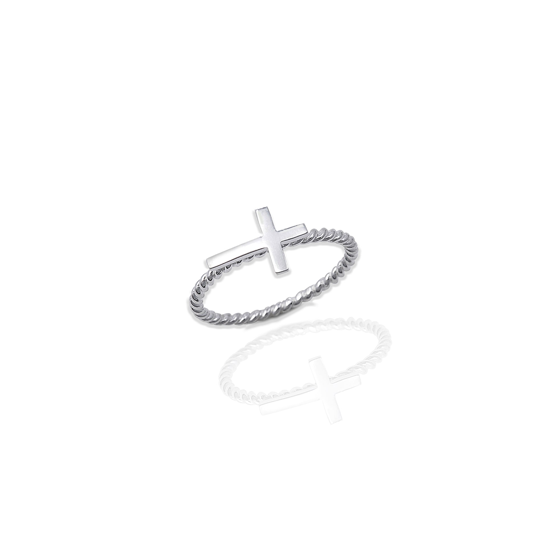 14k White Gold Diamond Sideways Cross Ring With Rope Band - Handmade In USA, Size 7