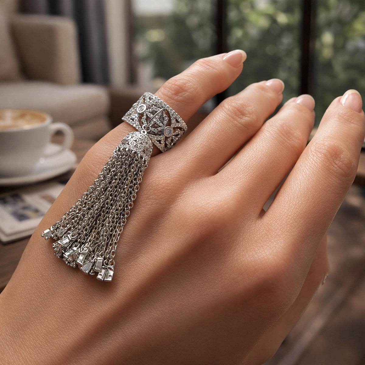 Silver CZ Tassel Ring on Hand • Luxury Statement Cocktail Ring • Fringe Chain Dangle Ring • Elegant Feminine Jewelry