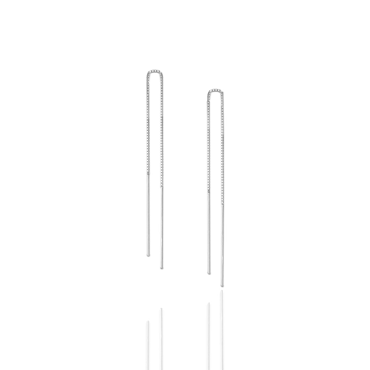 Minimalist bar threader earrings in sterling silver with a sleek long pull through design.
