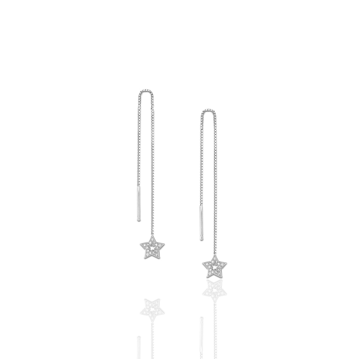 sterling silver star threader earrings with shimmering cubic zirconia stars suspended from delicate box chains