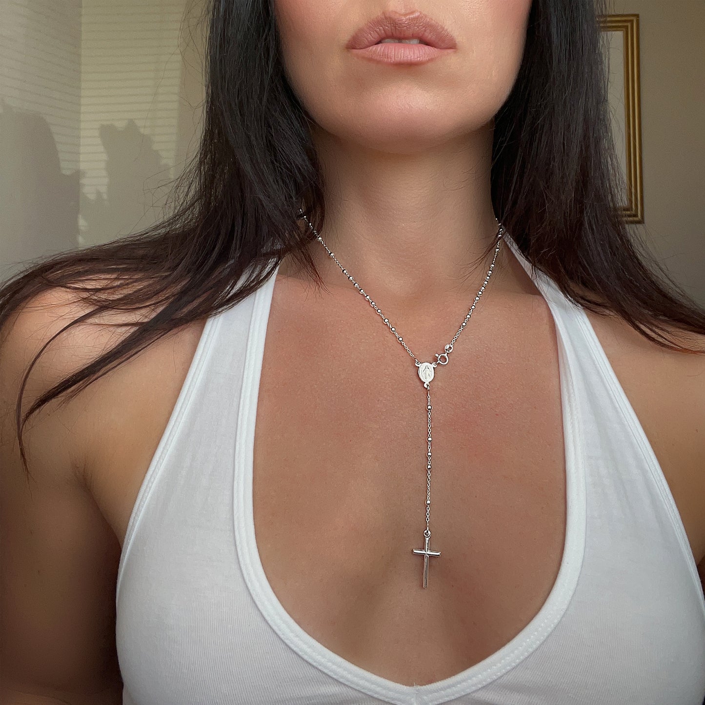 Rosary Lariat Necklace in Sterling Silver