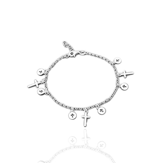 Sterling Silver Rosary Bracelet with Dangle Cross Charms