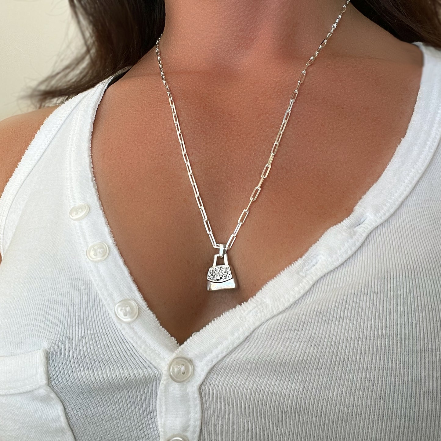 Chunky Paperclip Chain Necklace with CZ Women Purse Pendant