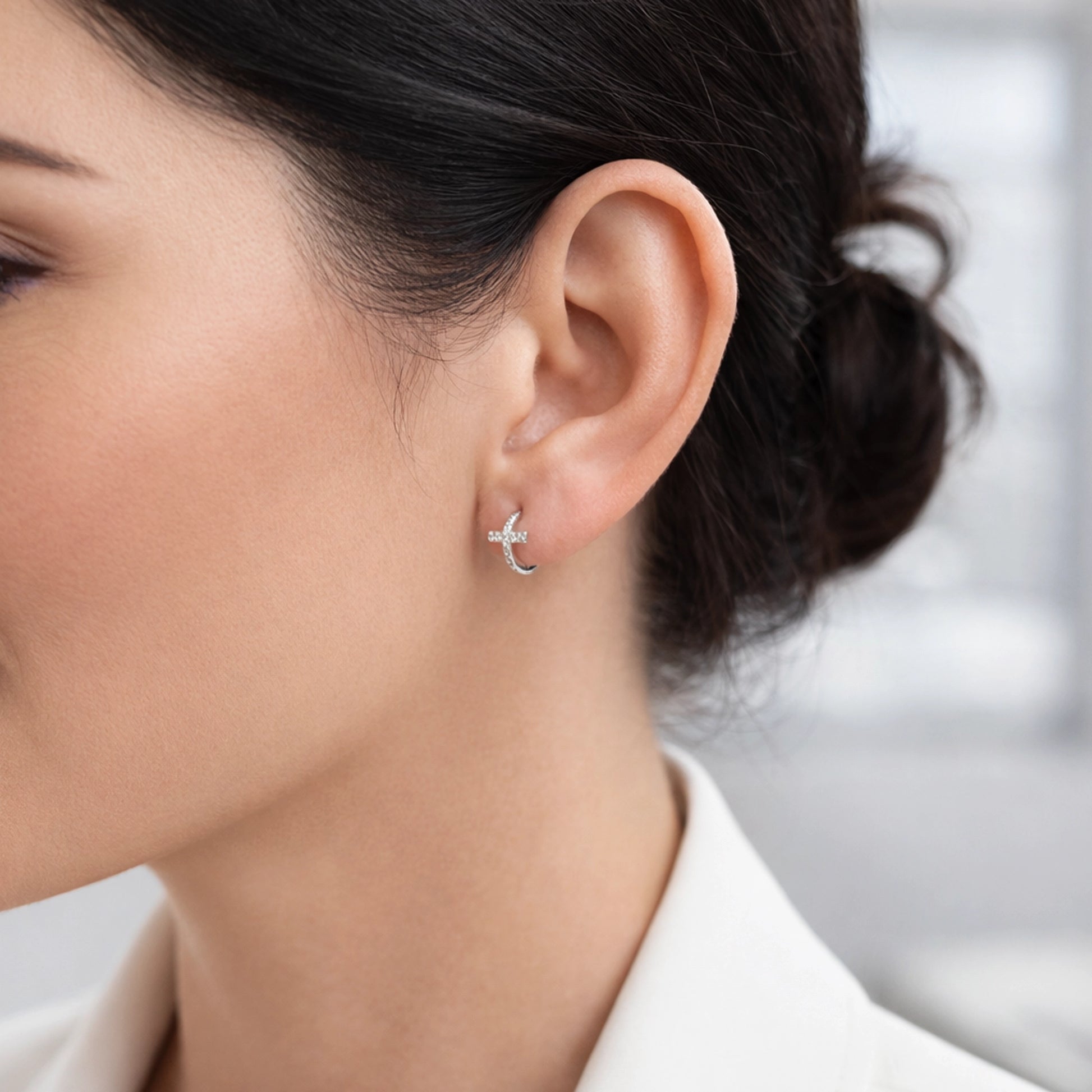 Tiny CZ Hoop Earring on elegant office style model, small cubic zirconia hoop earring, minimalist silver jewelry