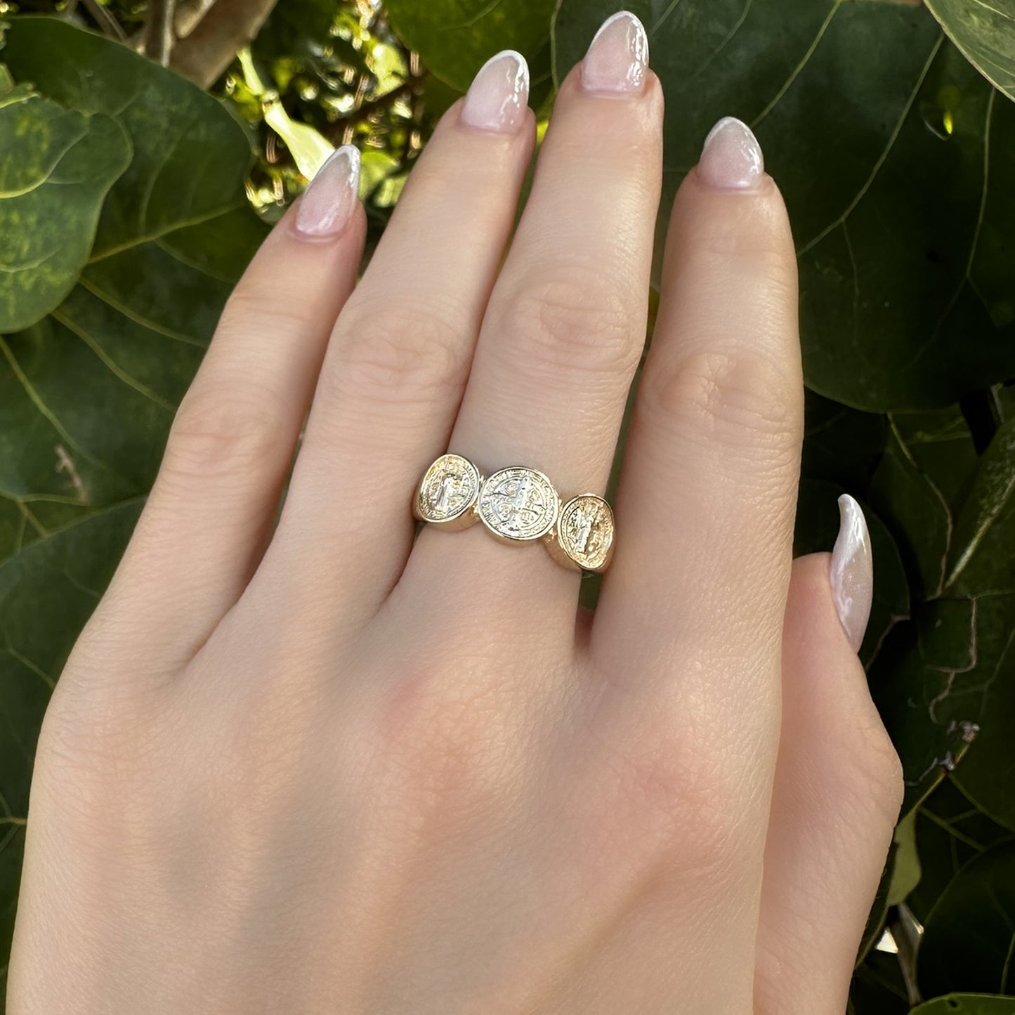 Iconic Saint Benedict Cross Ring with Triple Medallion Design