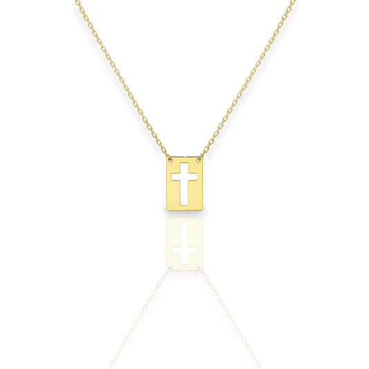 Rectangular Tag Necklace with Cut Out Cross in 18K Gold Filled