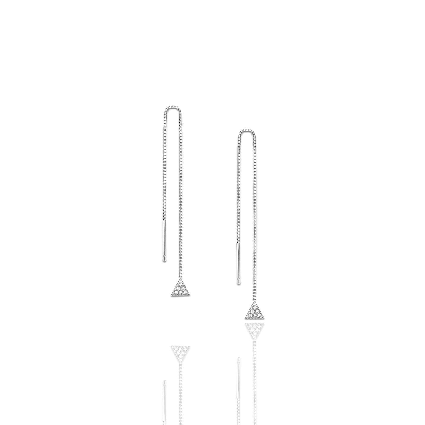 Add a touch of sparkle to your look with these elegant threader earrings, featuring a delicate triangle charm encrusted with pave stones. The adjustable length allows for versatile styling, making them perfect for stacking and layering with other favorites. Designed with comfort in mind, these lightweight earrings are ideal for sleeping or all-day wear. Handcrafted with high-quality 925 sterling silver.