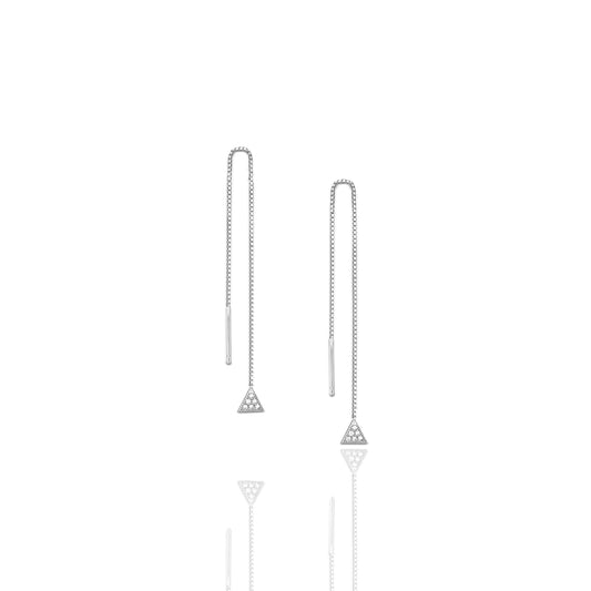 Add a touch of sparkle to your look with these elegant threader earrings, featuring a delicate triangle charm encrusted with pave stones. The adjustable length allows for versatile styling, making them perfect for stacking and layering with other favorites. Designed with comfort in mind, these lightweight earrings are ideal for sleeping or all-day wear. Handcrafted with high-quality 925 sterling silver.