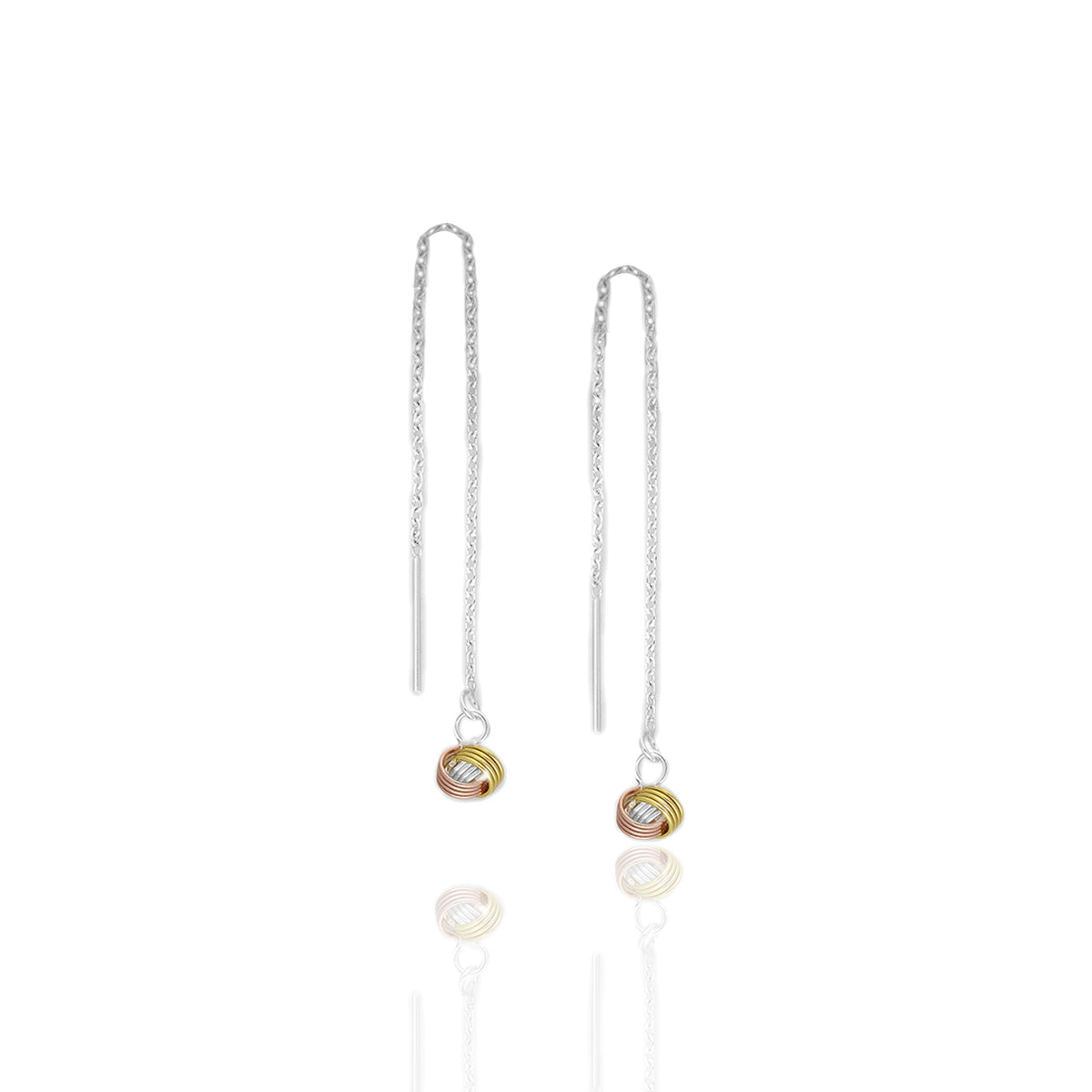 Sterling silver Celtic Trinity Knot threader earrings with mixed rose gold and 18K yellow gold plated accents on delicate pull through chains.