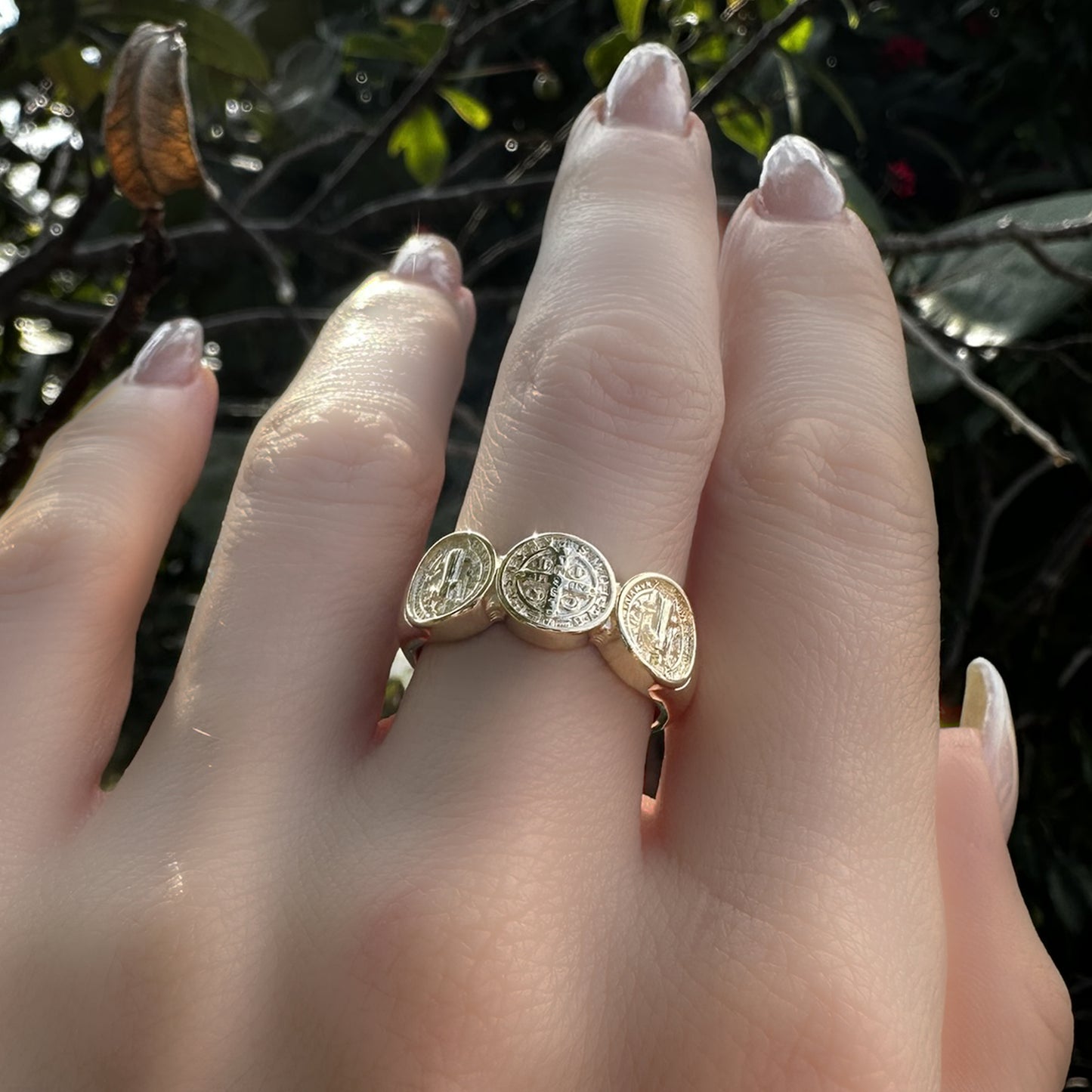 Iconic Saint Benedict Cross Ring with Triple Medallion Design