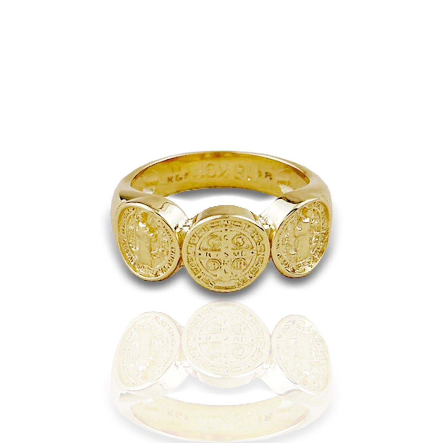 Iconic Saint Benedict Cross Ring with Triple Medallion Design