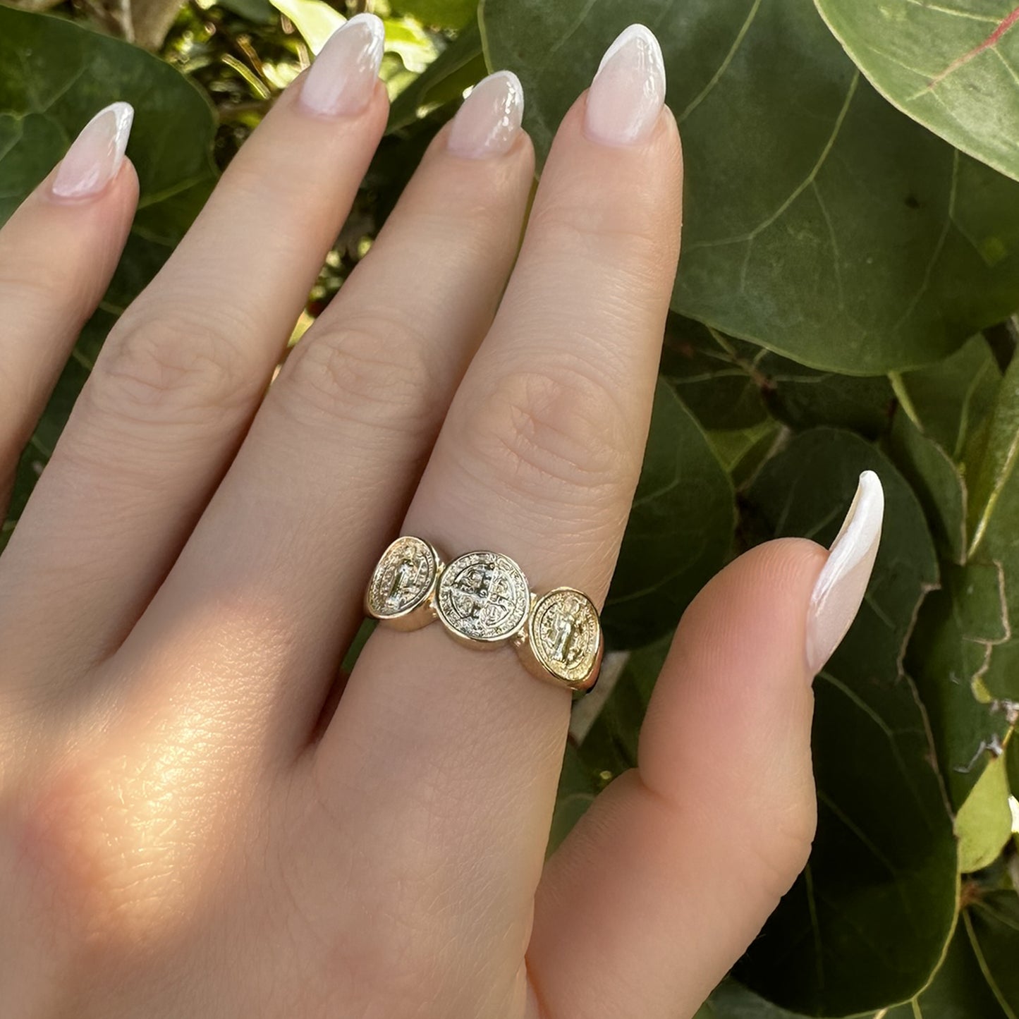 Iconic Saint Benedict Cross Ring with Triple Medallion Design