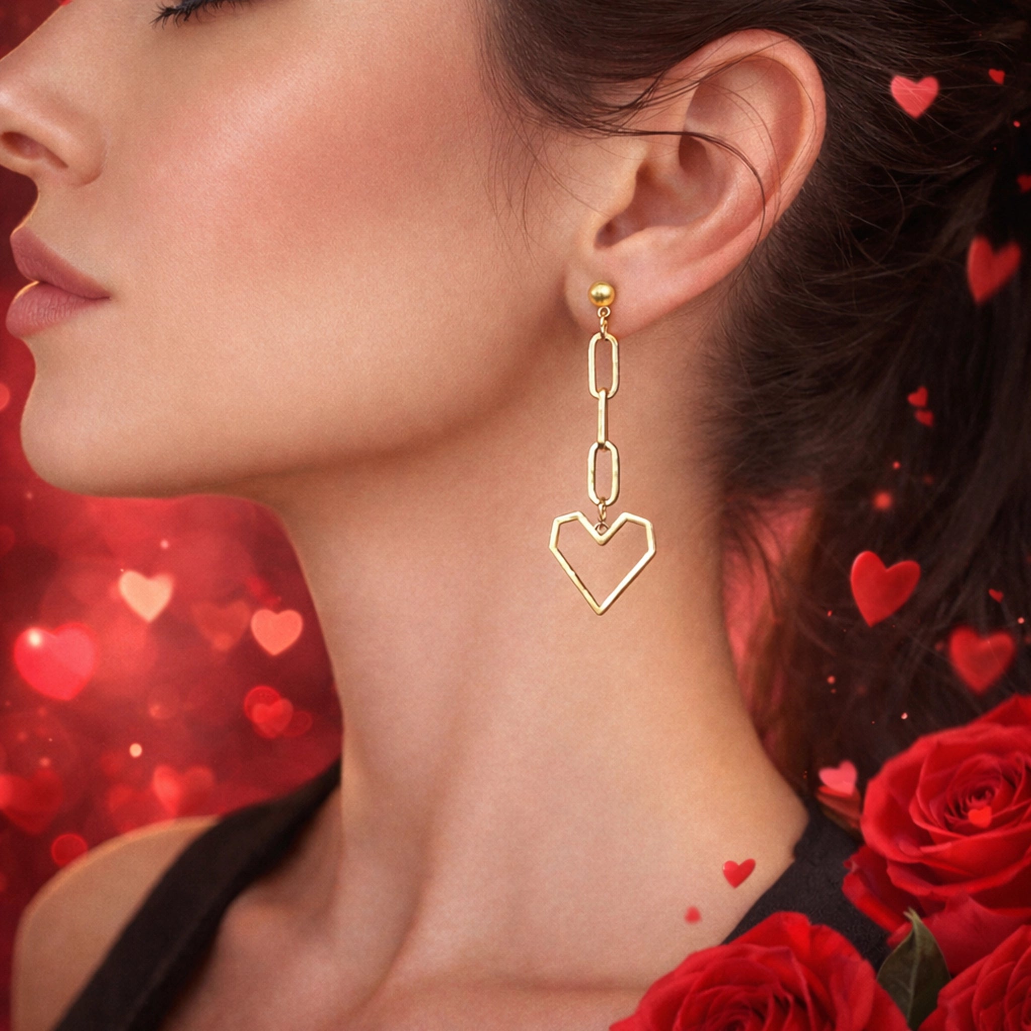 Elegant Valentine’s Day jewelry photo of a beautiful woman in profile wearing a gold heart drop chain earring, with smooth glowing skin, soft romantic lighting, and a red heart-themed background highlighting the earring’s shine and detail.