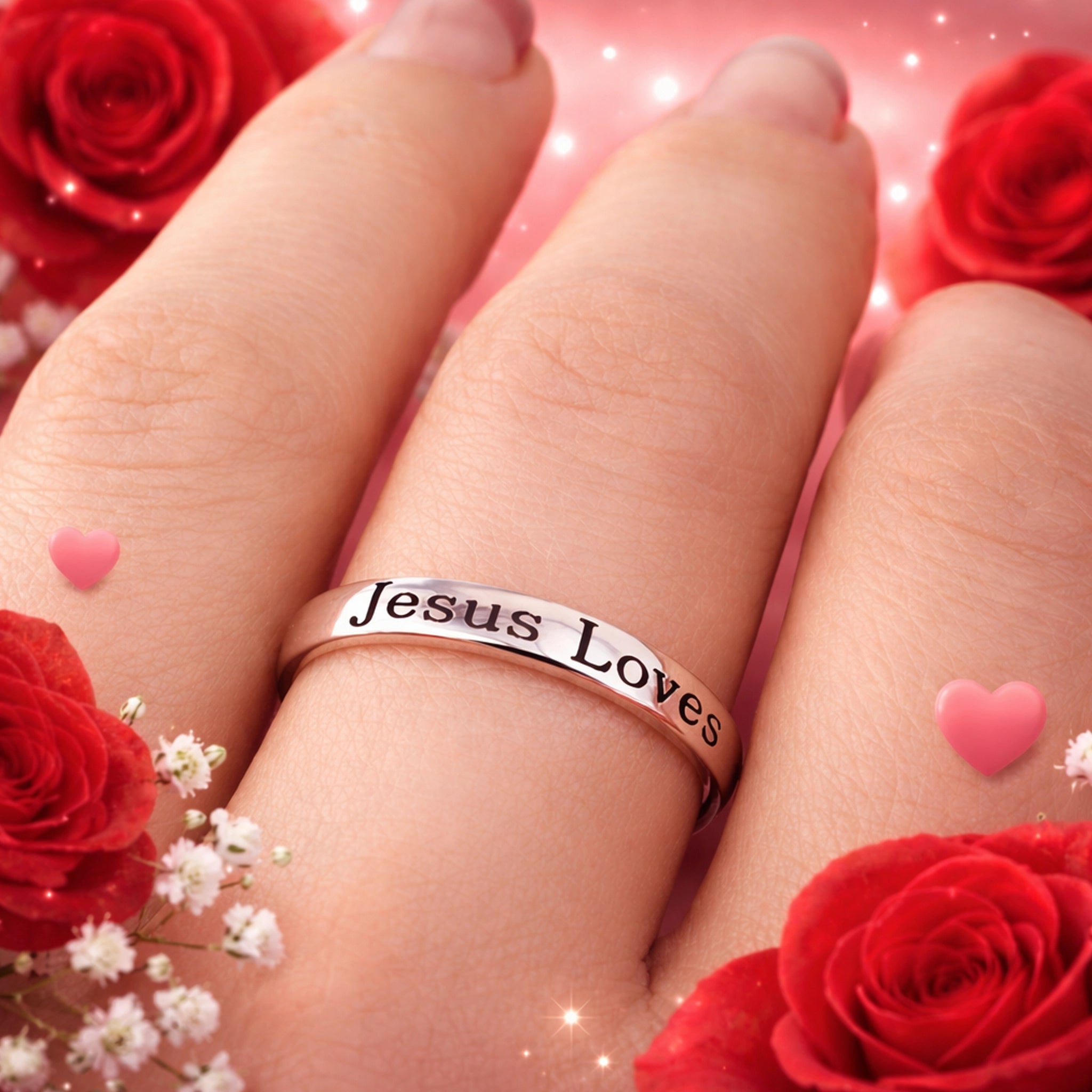 Silver Christian band ring engraved with ‘Jesus Loves’ worn on a woman’s finger, close-up Valentine’s Day styled photo with soft romantic pink background, gentle lighting, and a polished minimalist look.