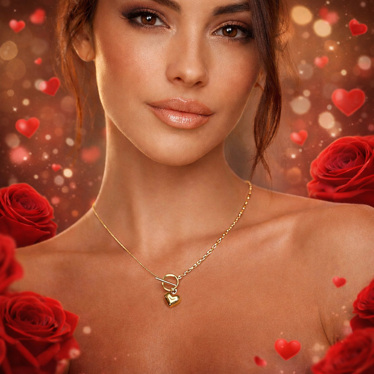 Woman wearing a gold necklace with a heart pendant against a romantic background with red roses and hearts.