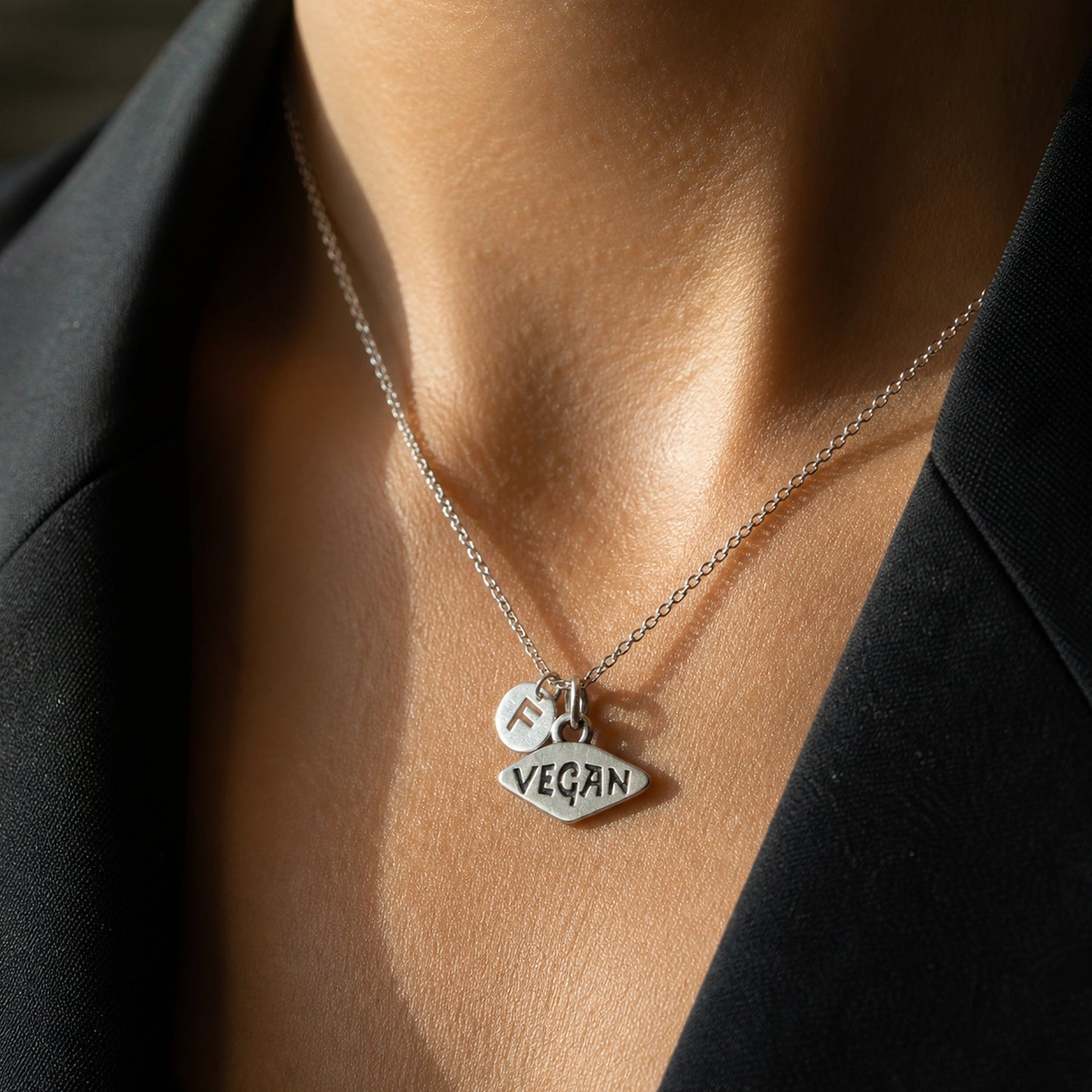 Vegan Necklace with Initial Charm in Sterling Silver