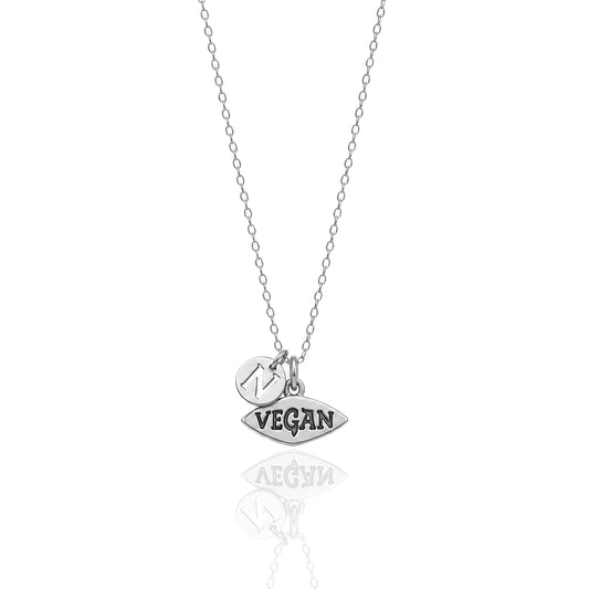 sterling silver vegan necklace with engraved charm and initial letter 
