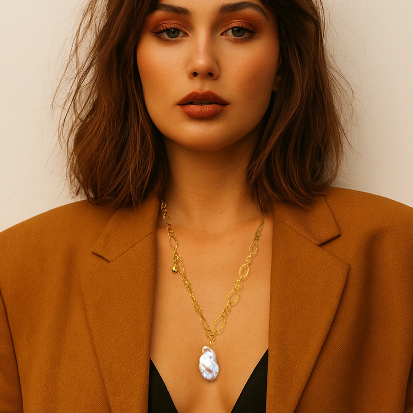 Gold Wire Chain Necklace with Baroque Pearl Charm