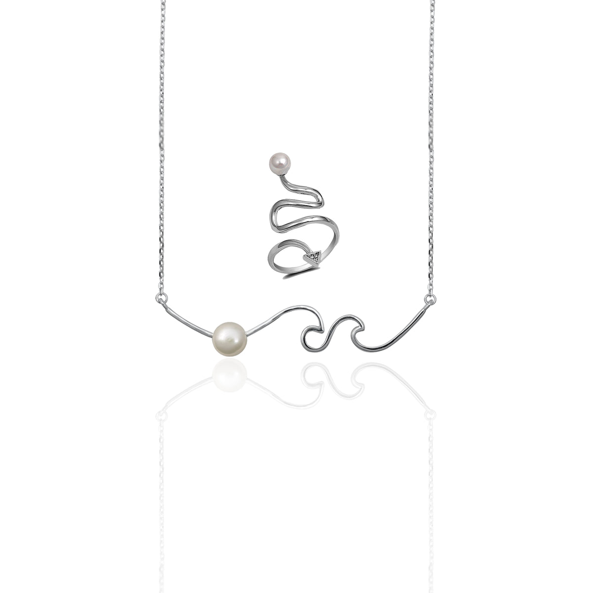 Pearl Jewelry Set crafted in sterling silver, featuring a delicate wave necklace with a luminous pearl and a matching spiral arrow ring accented with cubic zirconia crystals