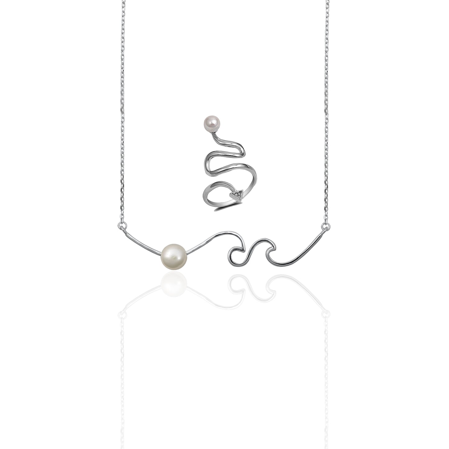 Dainty Wave Pearl Necklace & Wrap Ring Set