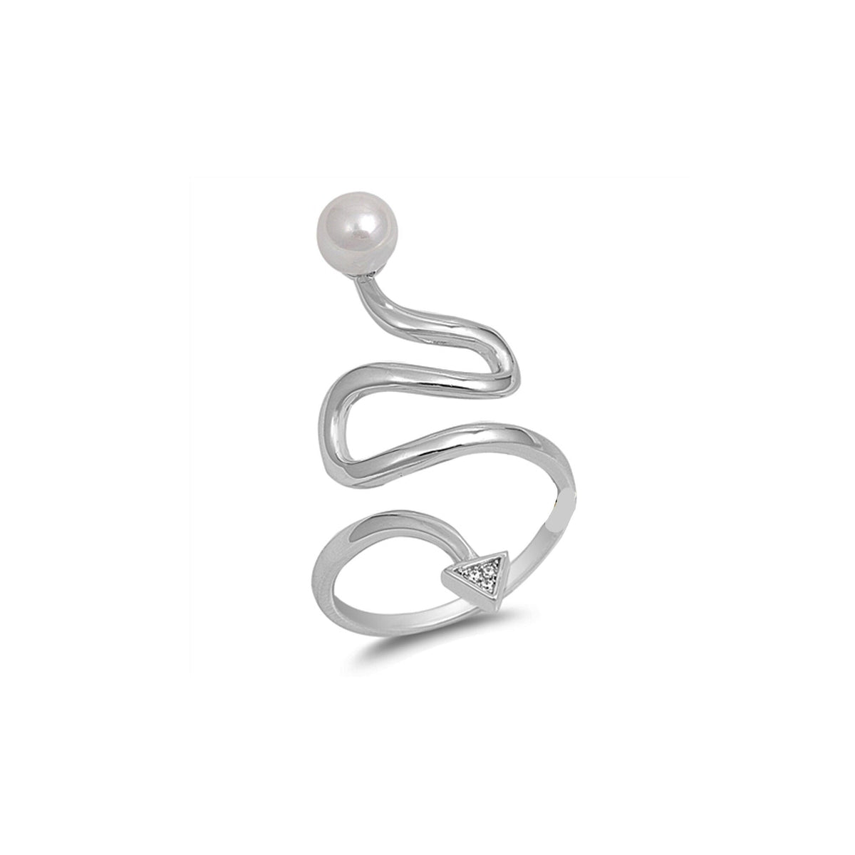 Sterling Silver Pearl Spiral Ring featuring sparkling clear cubic zirconia crystals and a luminous simulated white pearl