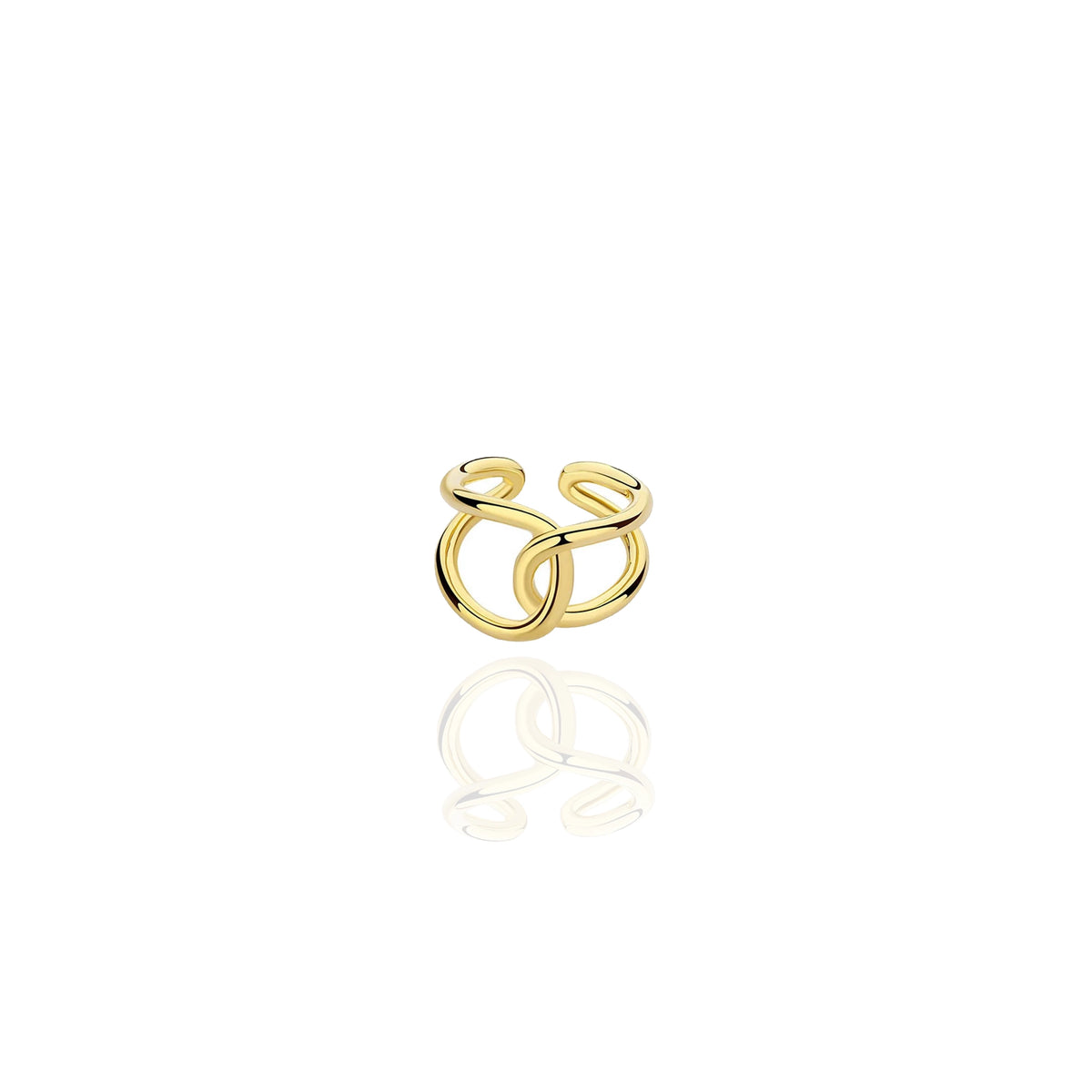 Modern infinity knot ring with sculptural abstract design and adjustable fit. Available in 18K gold or silver plating for a bold minimal look.