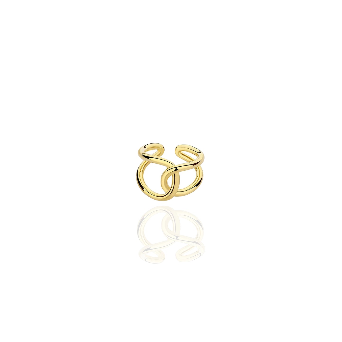 Modern infinity knot ring with sculptural abstract design and adjustable fit. Available in 18K gold or silver plating for a bold minimal look.