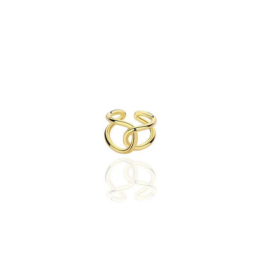 Modern infinity knot ring with sculptural abstract design and adjustable fit. Available in 18K gold or silver plating for a bold minimal look.