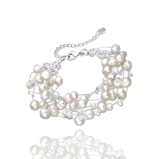 Adjustable multi-strand bracelet featuring freshwater pearls and sparkling crystals on silver wire, displayed on a white background with a mirrored reflection.