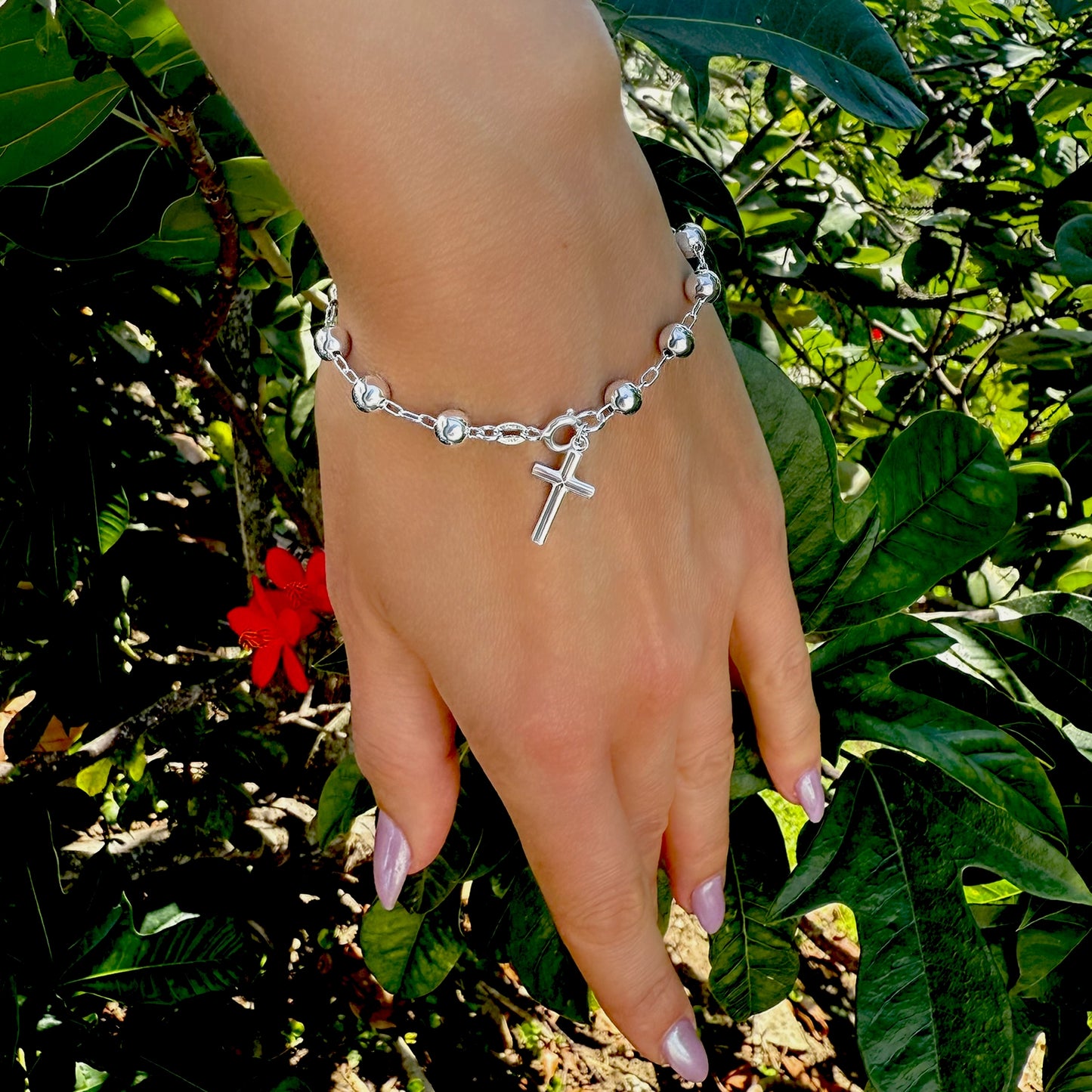 Sterling Silver Beaded Cross Charm Thick Bracelet