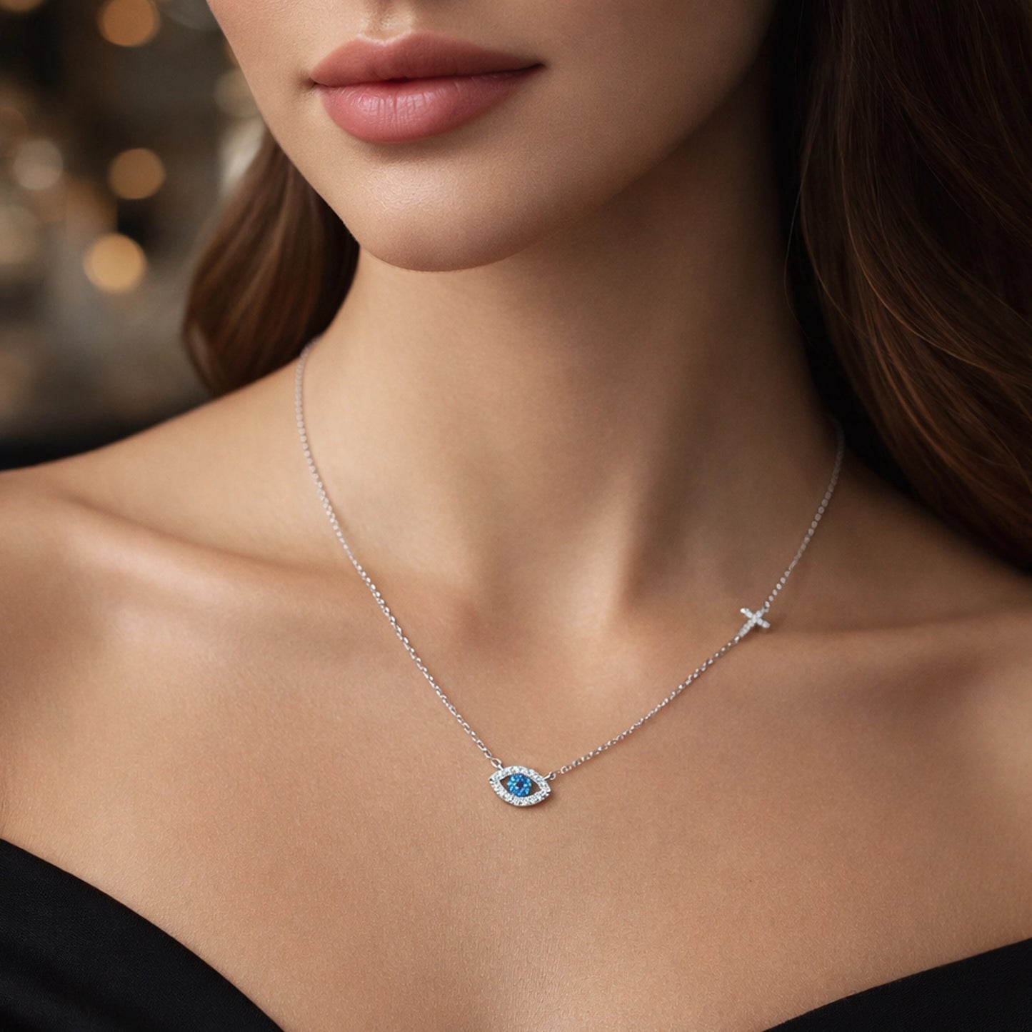 Evil Eye and Sideways Cross Necklace in Sterling Silver