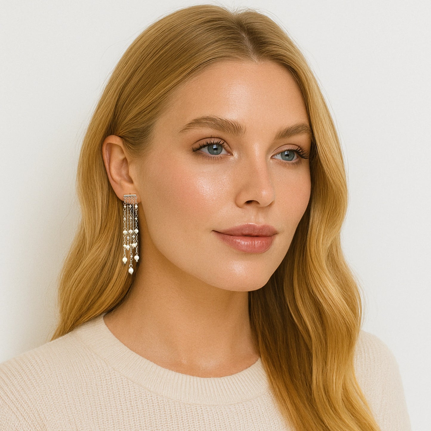 Blonde woman wearing long chandelier-style dangle earrings with cascading silver chains and natural white pearls, styled with soft waves and a cream sweater against a light background.