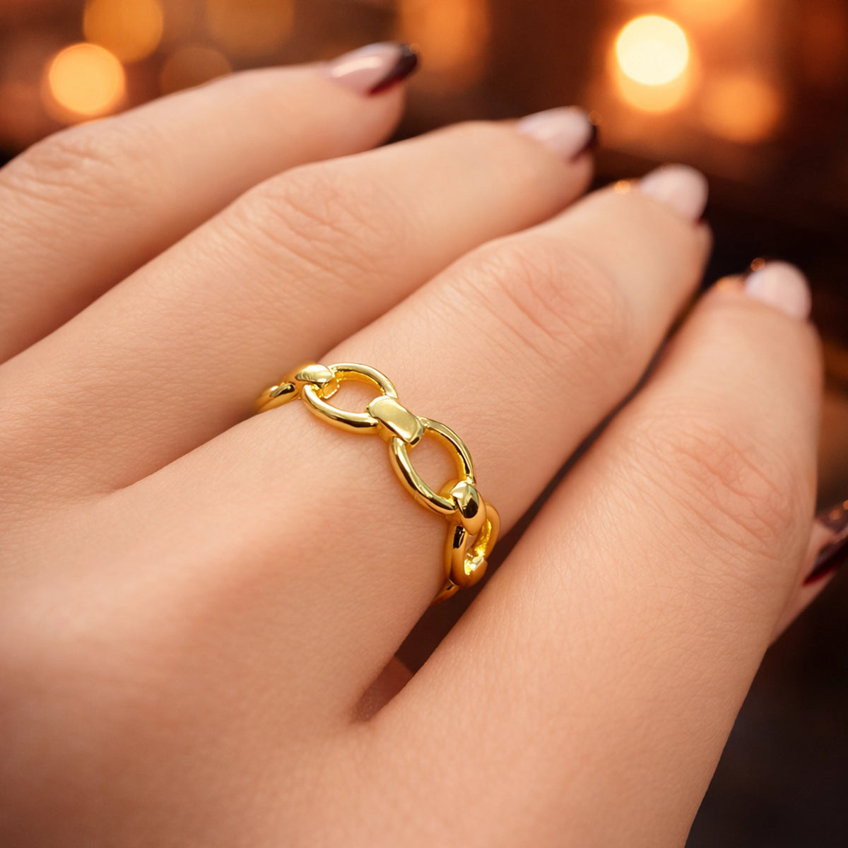 Gold filled chain link ring on hand • minimalist chunky oval link band ring • polished yellow gold statement ring • modern stackable fashion jewelry • elegant everyday ring for women.